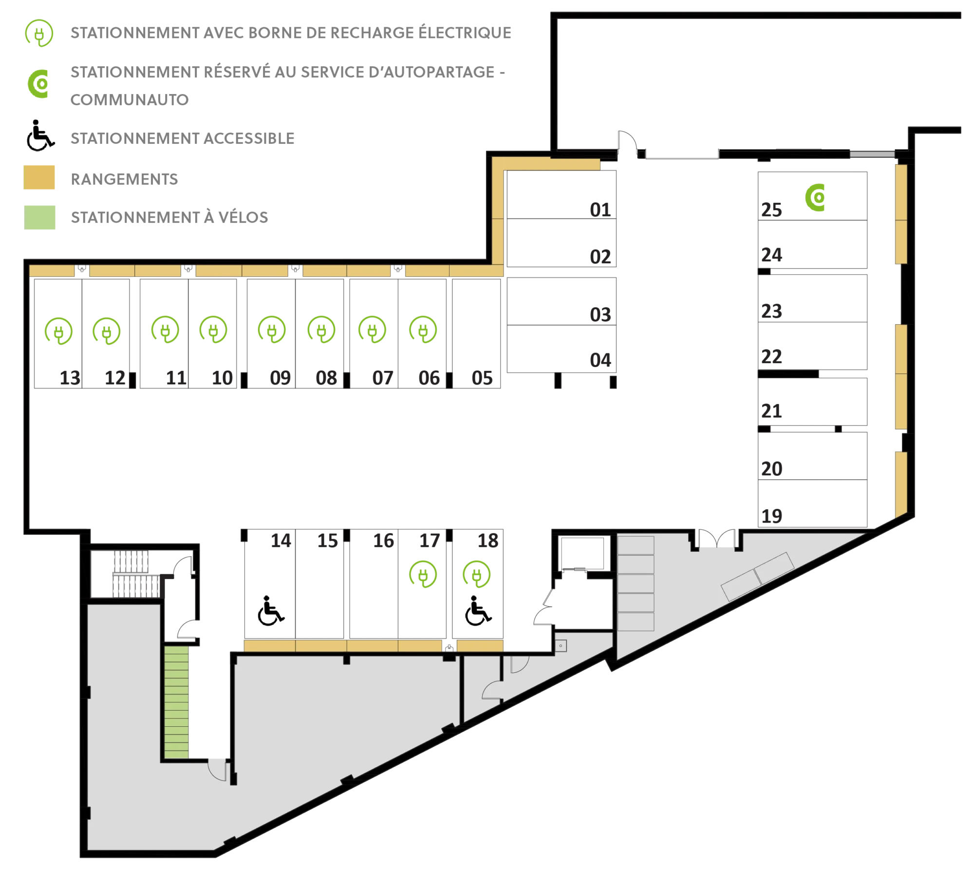 Plan du stationnement intérieur avec bornes de recharge - Le Saint-Michel