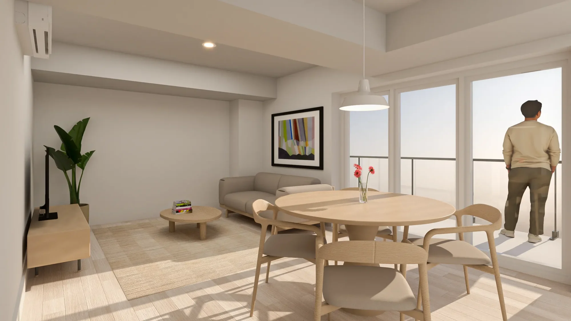 Salon moderne et lumineux à aire ouverte dans un appartement neuf à Montréal-Nord.